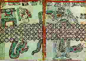 El dios del comercio y el dios de la muerte segn el cdice de Madrid. Fuente: A. Ciudad, Los mayas, col. biblioteca iberoamericana, Anaya, Madrid, 1988. p. 103)